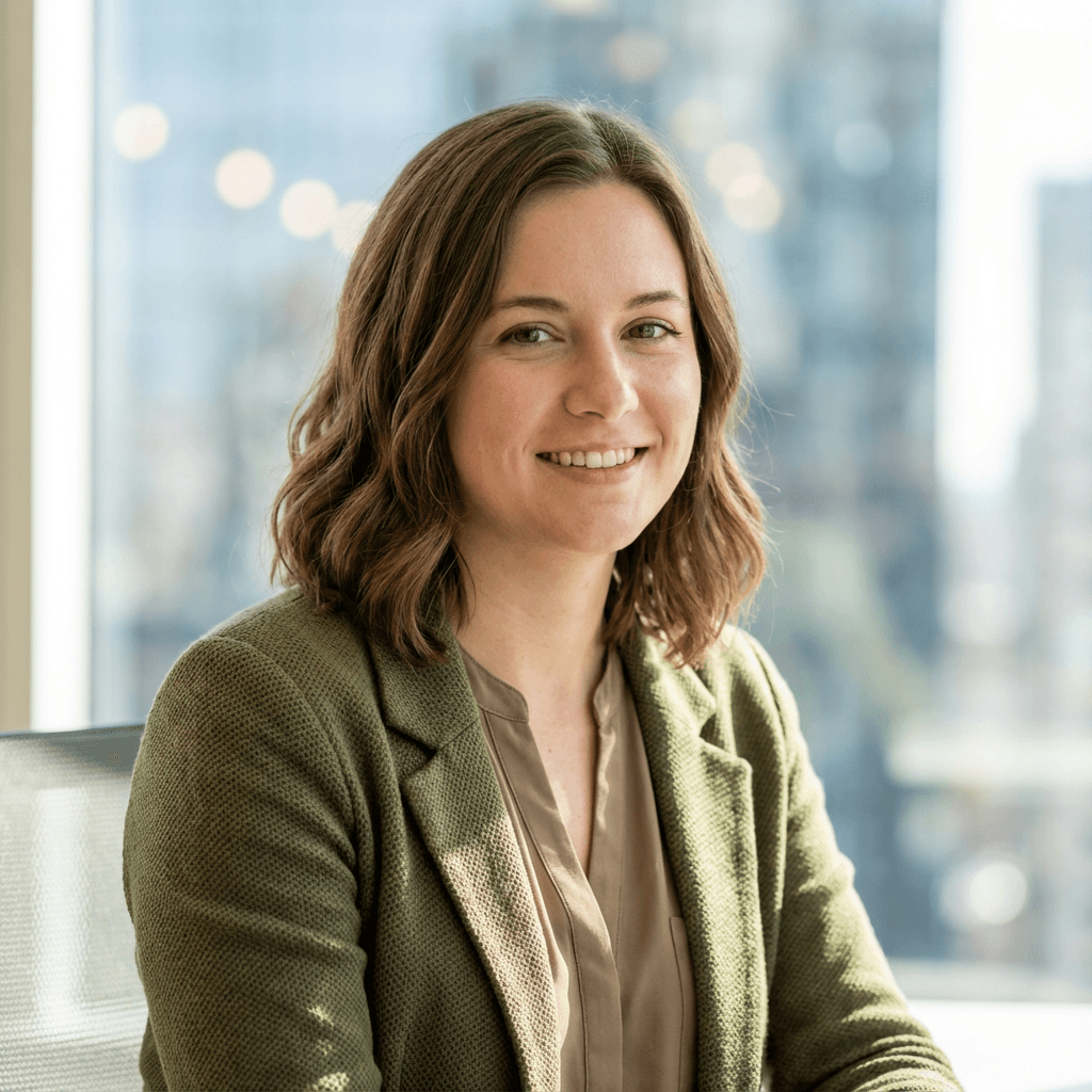 Sarah Jenkins, a logistics consultant, in a bright office