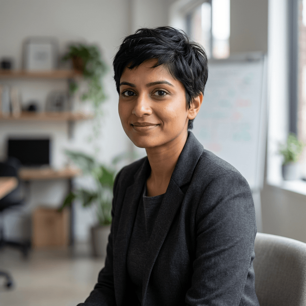 Priya Raman, female business owner in her 30s, approachable and professional