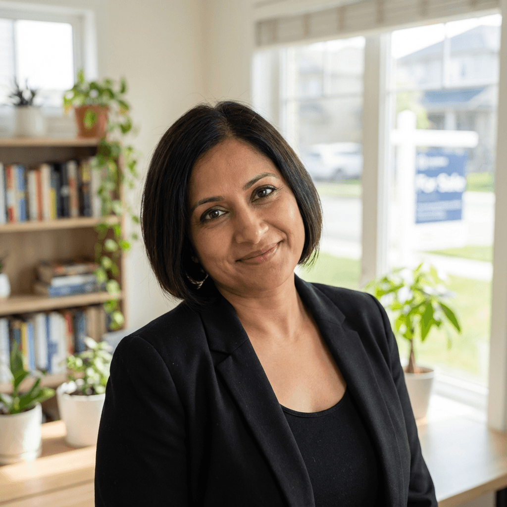 Priya Sharma, a boutique owner in Brooklyn, smiling gently