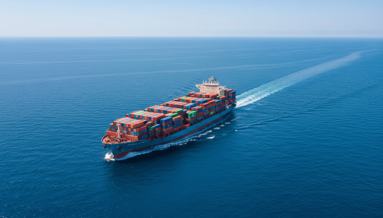 Cargo ship with shipping containers at sea