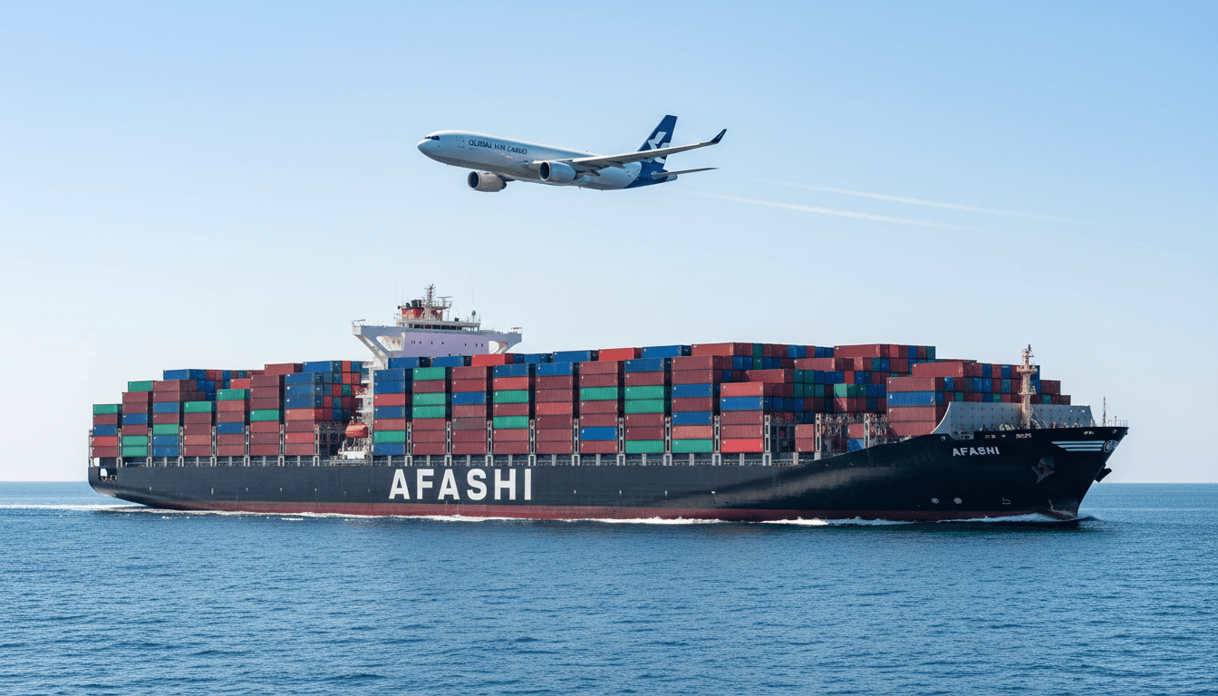 Container vessel at sea with cargo aircraft flying overhead, representing global logistics services.