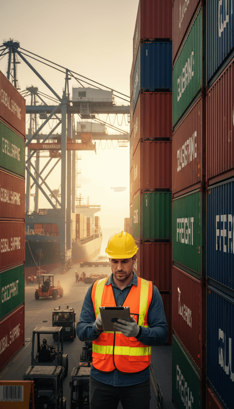 Logistics worker with tablet checking cargo containers at shipping port