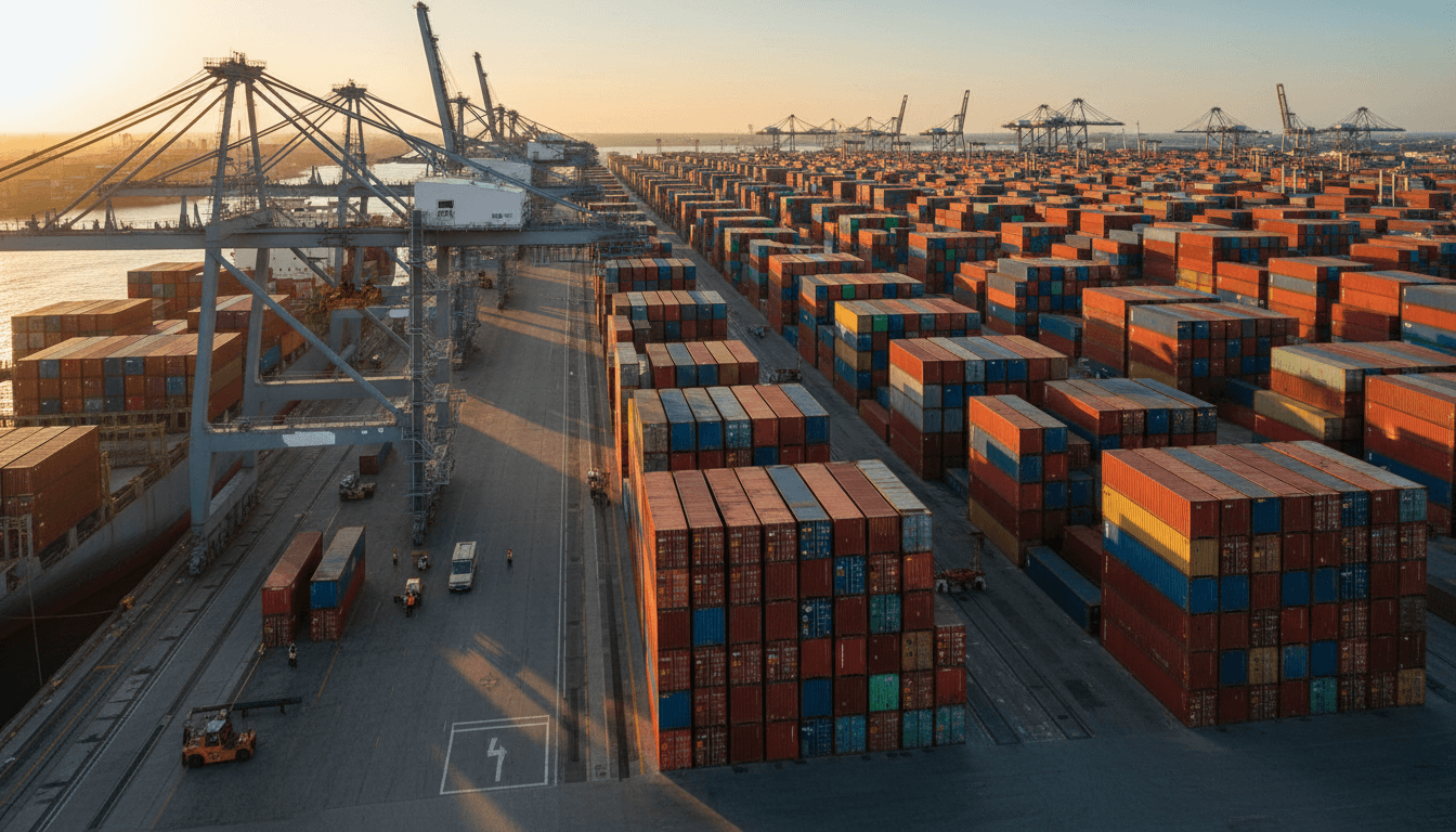 Cargo ship with containers at a busy port