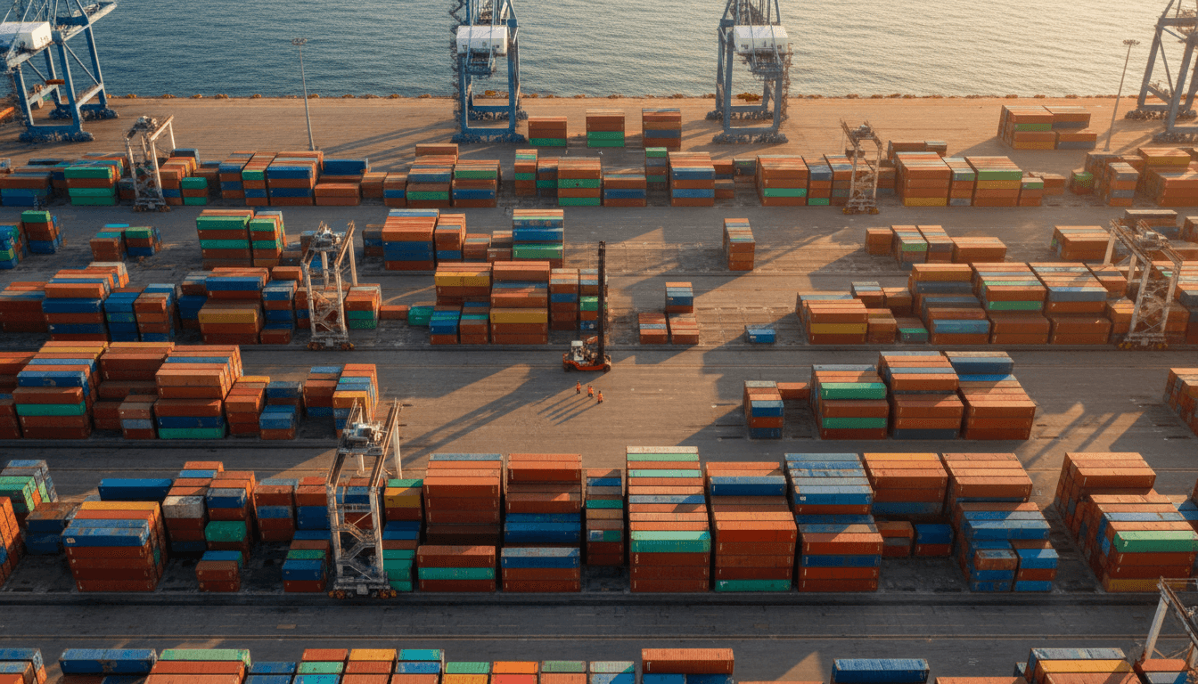 Shipping containers stacked at a port with a cargo ship in the background